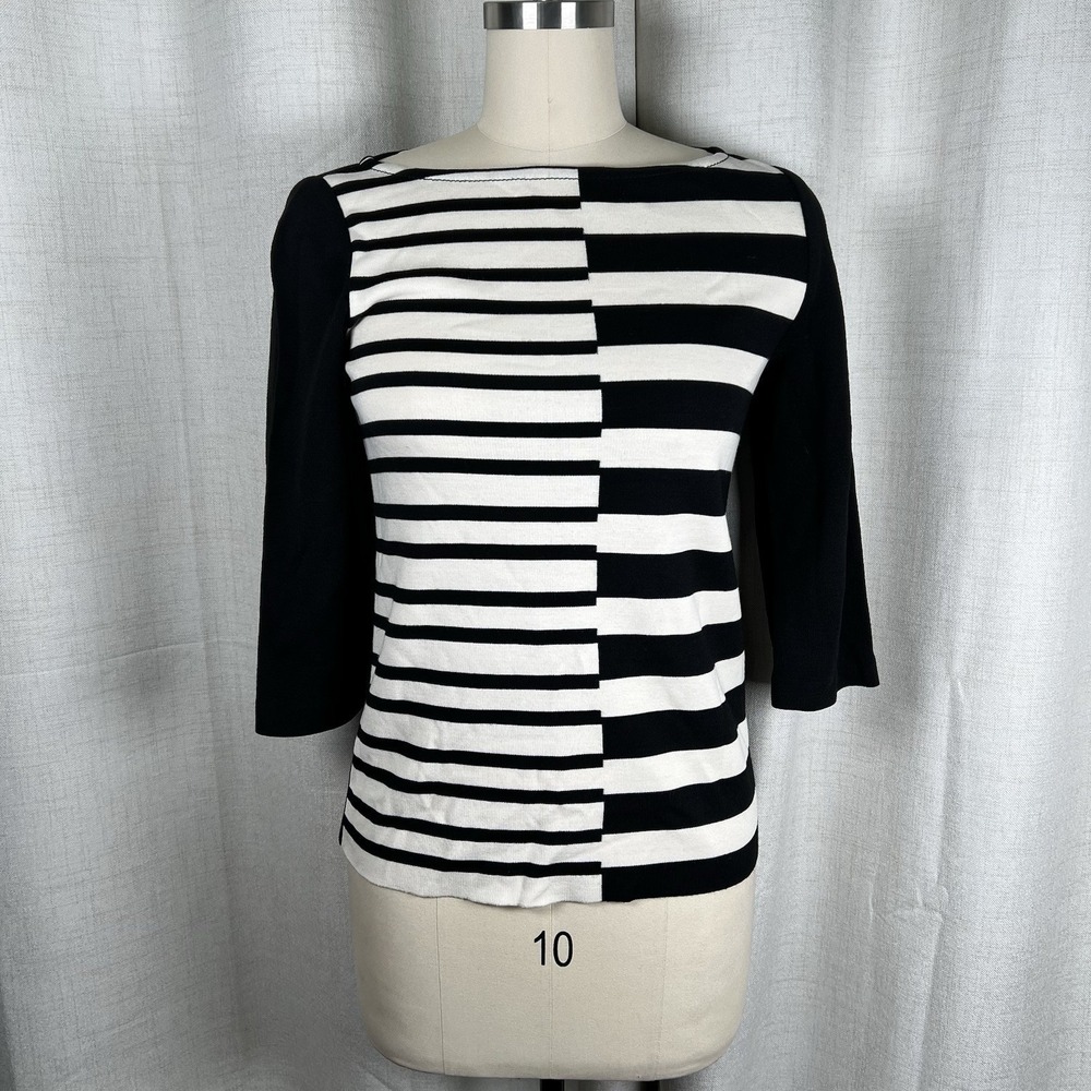 St. John Womens 3/4 Sleeve Boat Neck Striped Knit Shirt Black White Wool‎ Small